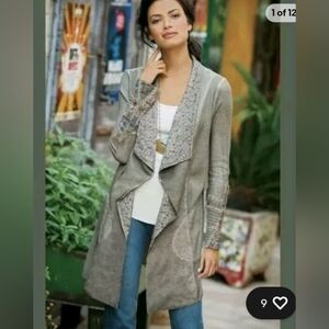 Soft Surroundings Cadence Thermal Cardigan 1X Gray Waffle Embroidered Cuff Cozy